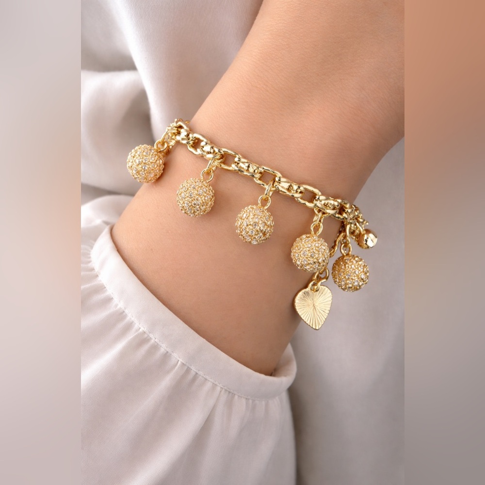 18K Gold Plated Women's Ball Heart Charm Bracelet New